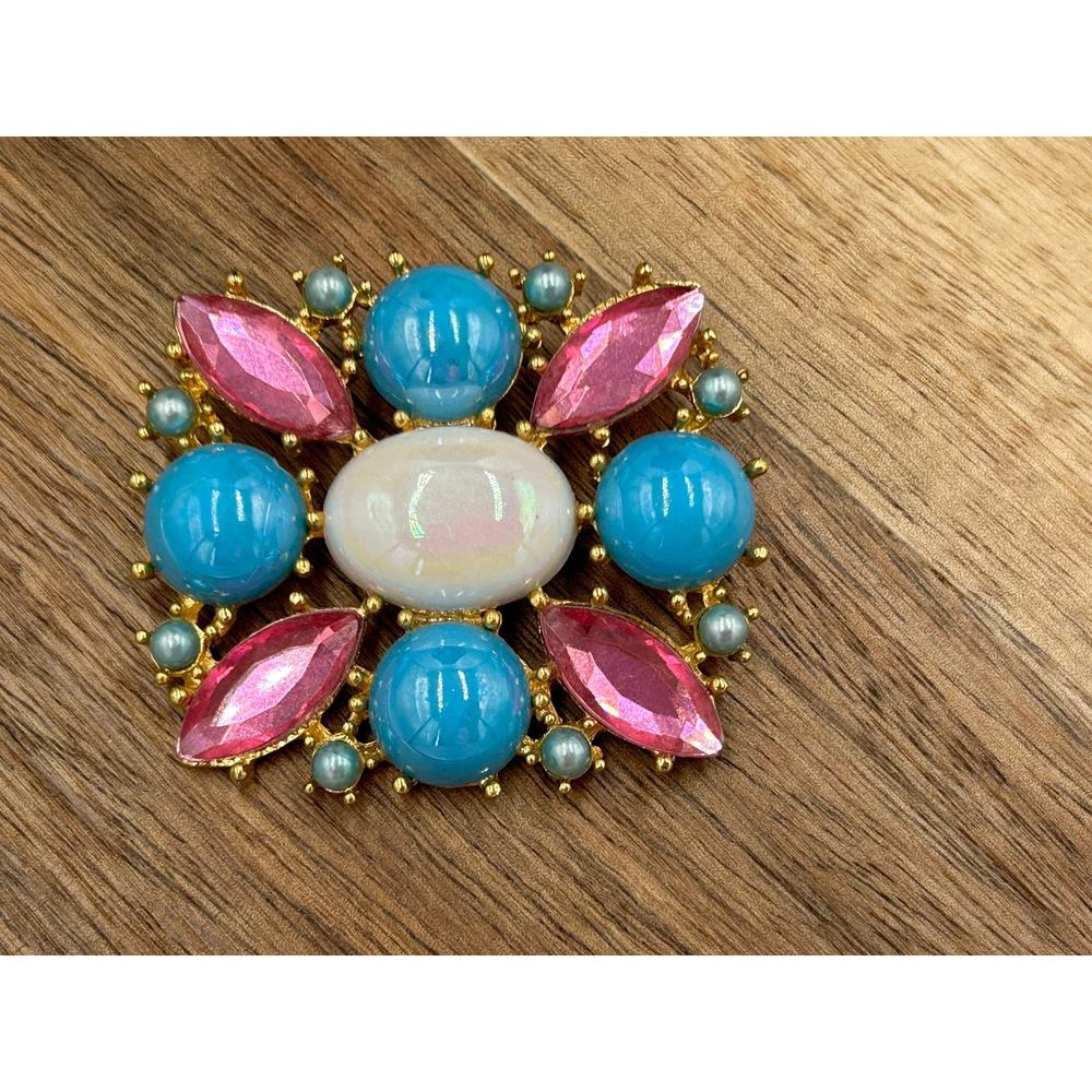 Vtg Cabachon Brooch Gold Tone Pink Blue White Easter Spring Pastel Colorful - Picture 2 of 7